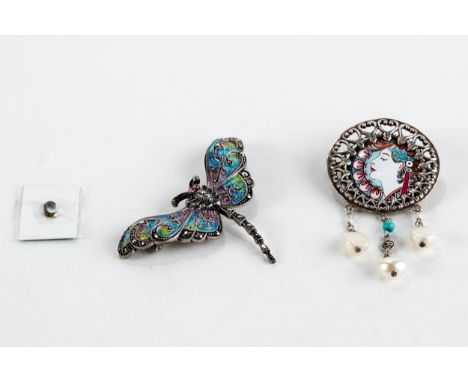 A CONTINENTAL WHITE METAL MARCASITE AND ENAMEL DRAGONFLY BROOCH, stamped 835 and an art Nouveau influence enamel and silver p