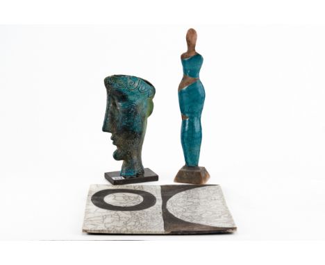 KATE REYNOLDS, A GLAZED CERAMIC HEAD, title LADY, mounted on a rectangular iron base, 11 3/4 ins high, a ditto turquoise crac