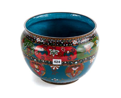 A LARGE LATE 19TH CENTURY CHINESE CLOISONNE ENAMEL JARDINERE blue ground with foliate panels, 9 ins high.   
