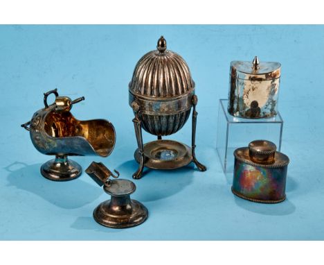 AN EDWARDIAN SILVER PLATED EGG BOILER of fluted ovoid shape, an oval silver plated TEA CADDY, an EPBM DITTO, an EPBM embossed
