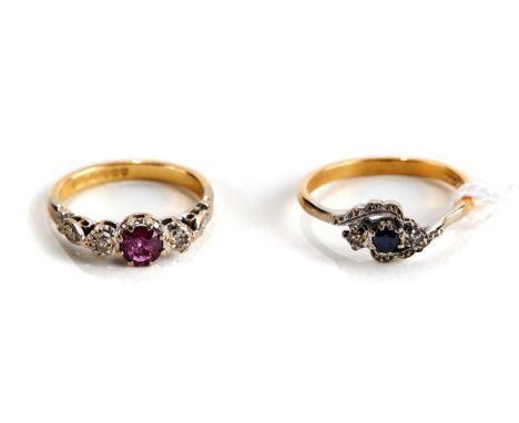 AN 18CT YELLOW GOLD DIAMOND RUBY AND DIAMOND RING, size K and an 18ct yellow gold sapphire and diamond RING, size N, approxim