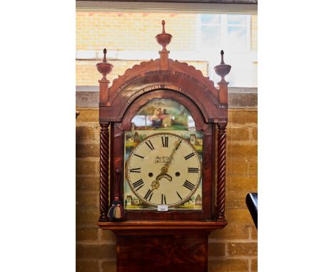 DAN WILLIAMS, CRICKHOWELL, A 19TH CENTURY MAHOGANY LONGCASE CLOCK, painted arched dial with dummy winders and 30 hour movemen