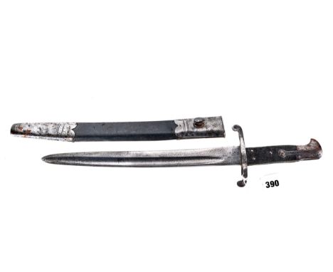 A 19TH CENTURY BRITISH BAYONET, steel hilt with socket and quillon, single edge fullered balde 13 ins, with leather and steel