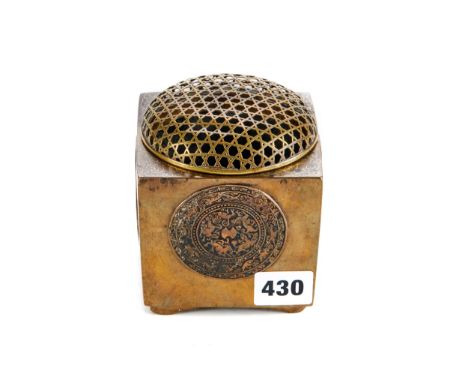 A 19TH CENTURY ORIENTAL BRONZE CENSER AND COVER of square form with silver wire inlay and zoomorphic roundels to the sides, p