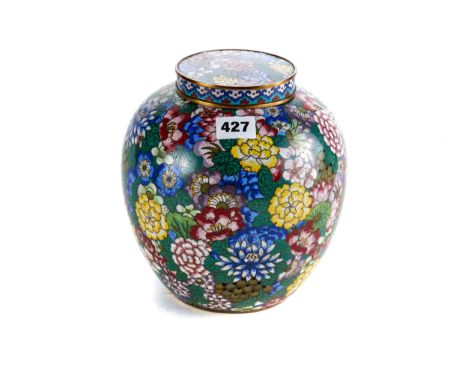 A LATE 19TH/EARLY 20TH CENTURY CHINESE CLOISONNE ENAMEL VASE AND COVER, of ovoid form and flat lid decorated in a millefiori 