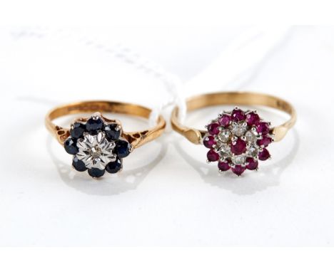 A 9CT YELLOW GOLD SAPPHIRE AND DIAMOND RING, size L and a 9ct yellow gold ruby and diamond RING, size P, approximately 3.8 gr