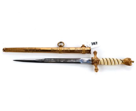 A 1939-45 GERMAN KRIEGSMARINE GILT METAL DRESS DAGGER engraved Eickhorn blade, ivorine grup, blade length 10 ins, with gilt m