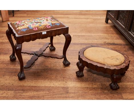 AN EARLY 20TH CENTURY SOUTH AFRICAN STINKWOOD DRESSING STOOL, drop in tapestry seat above a serpentine frieze raised on cabri