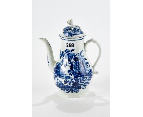 AN 18TH CENTURY WORCESTER PORCELAIN BLUE AND WHITE BALUSTER FORM COFFEE POT AND COVER decorated in the fence pattern, blue cr