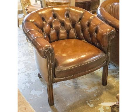 CLUB CHAIRS, a pair, deep button and brass studded with rounded back and arms and hand finished leaf brown upholstery, 82cm W