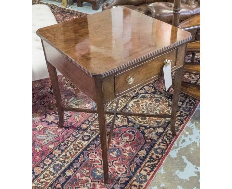 LAMP TABLES, a pair, George III design figured walnut and crossbanded each with drawer and cross stretcher, 65cm H x 55cm W x