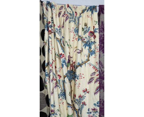 CURTAINS, two pairs, in a Chinoiserie figural and floral pattern, lined and interlined, each approx 110cm W gathered x 260cm 