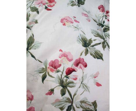 CURTAINS, two pairs, floral design on a cream background, lined and interlined 100cm W gathered x 235cm Drop. (4)