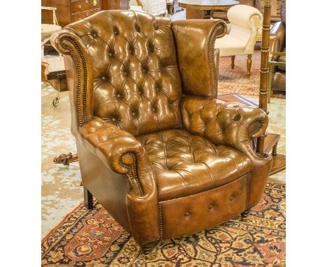 WING ARMCHAIR, 18th century style deep button and brass studded hand finished leaf brown leather upholstered with turned fron