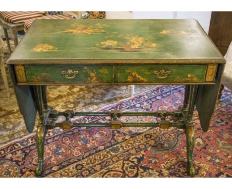 SOFA TABLE, George III design, green lacquered and Chinoiserie gilded with twin flaps, turned supports and two drawers, 76cm 