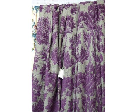 CURTAINS, two pairs, lined in a mauve floral pattern 96cm W gathered x 328cm drop. (4)