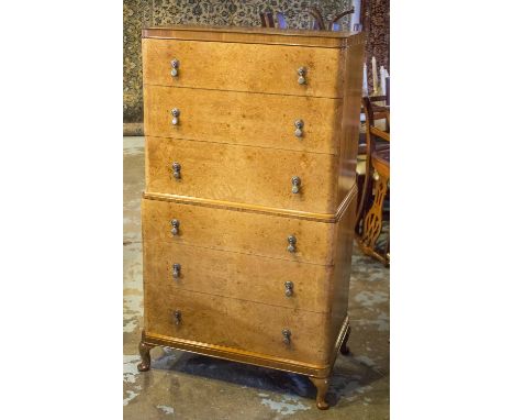 TALLBOY, Art Deco burr walnut and walnut of six drawers, 138cm H x 81cm W x 48cm D.