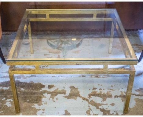 LOW TABLE, 1970's vintage lacquered brass square glazed top and stepped square section support, 77cm x 77cm x 45cm H.