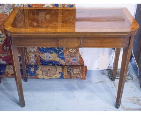 CARD TABLE, George III figured mahogany and satinwood banded with foldover baize lined and paterae headed square supports, 92