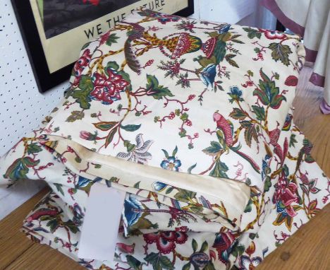 CURTAINS, two pairs, lined, in a floral fabric, each curtain 112cm W gathered x 330cm Drop. (4)