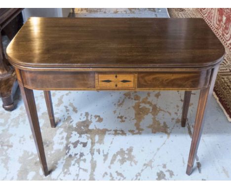 CARD TABLE, George III, 'D' shaped mahogany and string inlaid with a foldover top enclosing a green baize lined interior on s