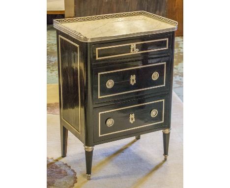 COMMODE, late 19th/early 20th century, French transitional ebonised and silvered metal mounted with three quarter gallery mar