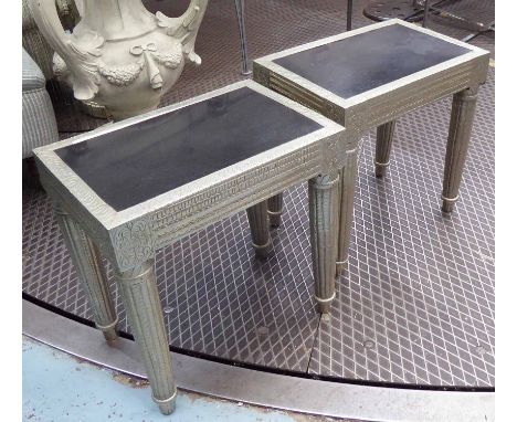 LAMP TABLES, a pair, with slate tops on an embossed metal silvered frame, 46cm x 31cm x 46cm H. (2)