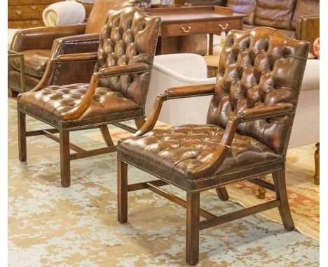 GAINSBOROUGH ARMCHAIRS, a pair, George III design mahogany each with shaped back and deep button hand finished leaf brown lea