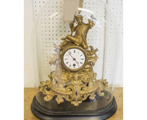 MANTEL CLOCK, late 19th century, gilt, under a glass dome, 44cm H x 36cm W x 21cm D. 