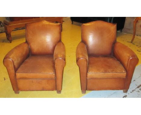 ARMCHAIRS, a pair, Art Deco, circa 1930's with distressed tan leather upholstery, 73cm W x 80cm H. (2) (with faults)