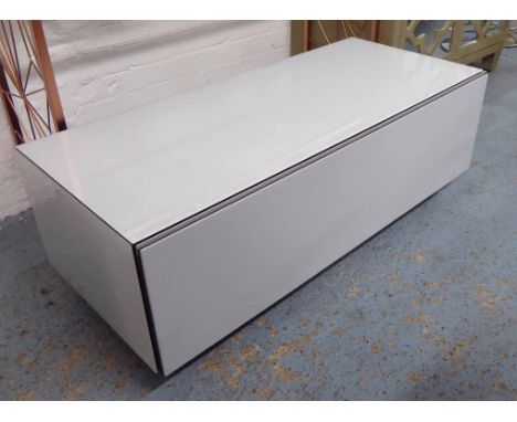 JUST-RACKS JRL11019 MEDIA CONSOLE, white lacquer finish with fabric front, 112cm x 49cm x 39cm.