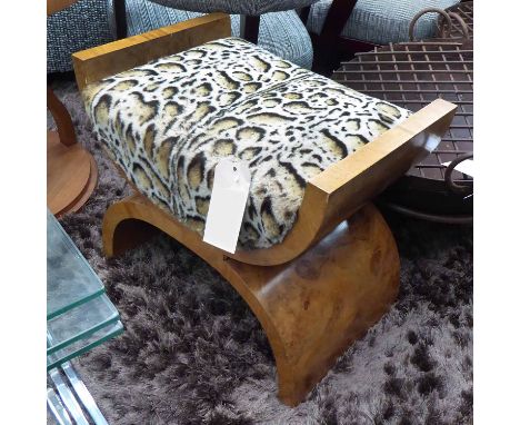 ART DECO STYLE SEAT, with animal print fabric on wooden surround, 60cm W.