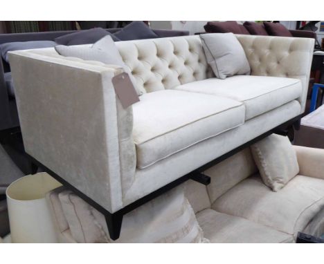 SOFA, with deep buttoned back and sides, in Romo Loriano soapstone upholstery, with two scatter cushions, 195cm x 90cm x 75cm