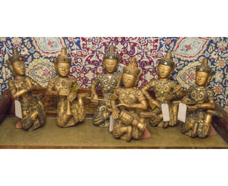 THAI MUSICIAN GROUP, a set of six, vintage carved gilt wood and mirror bejewelled musicians, approx 60cm H. (6)