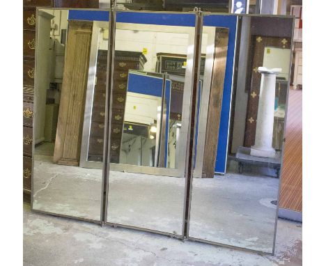 DRESSING MIRROR, French Art Deco, silvered metal triple plate, each plate 58cm W x 155cm H, bares plaque 'Miroir Brot'.