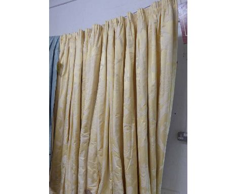 CURTAINS, three pairs, in lemon damask, lined and interlined, each curtain approx 145cm W gathered x 340cm drop. (6) (with fa