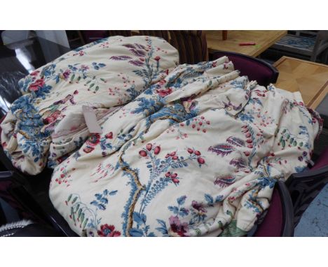 CURTAINS, a pair, in Chinoiserie figural and floral fabric, lined and interlined, each approx 310cm W gathered x 240cm Drop. 