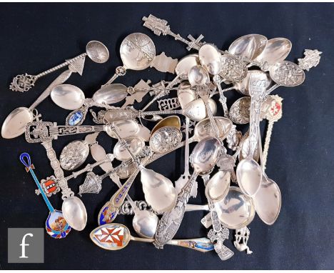 A collection of assorted silver souvenir spoons for Denmark, Holland, Gibraltar, Egypt and Malta, some with enamel decoration
