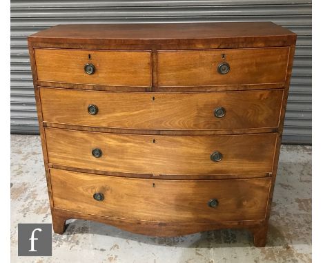 A George IV mahogany bow-fronted chest of two short over three long cock-beaded drawers, raised to bracket feet, height 109cm