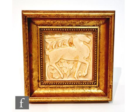 A 1950s framed Marsden 4in dust pressed tile, intaglio molded with a stag, the design attributed to Leonard Gladstone King. 
