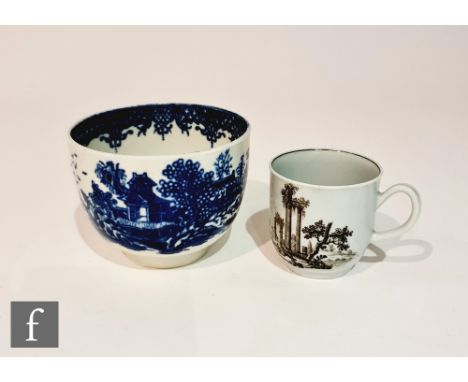 A late 18th Century Worcester Chinoserie coffee cup transfer decorated with a black and white classical ruins to one side and