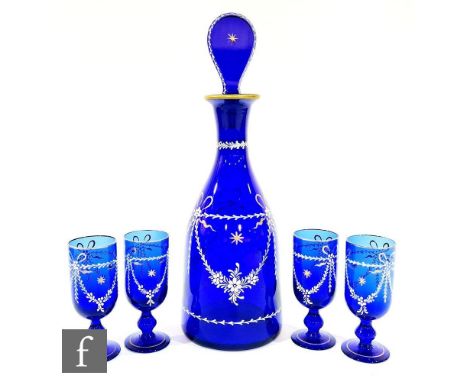 A 20th Century Bristol Blue decanter in the 18th Century taste, of Prussian form with a large disc form stopper, the body ena