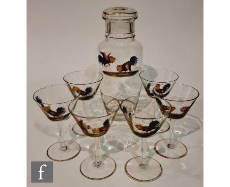 A 1930s glass cocktail set, comprising a decanter of ovoid form and six conical bowl stemmed glasses, each enamel decorated w