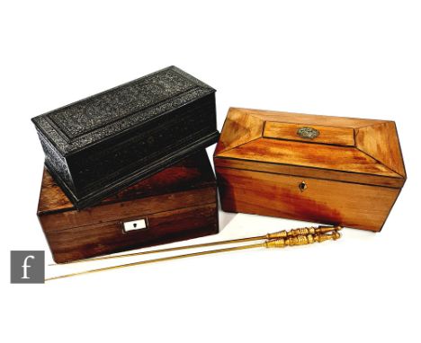 A 19th century Indian carved ebonised hardwood glove box with associated glove stretchers, width 29.5cm, a satinwood sargophi