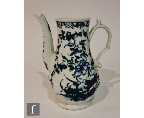 A late 18th Century Worcester coffee pot decorated in the blue and white Hollow Rock Lily pattern, lacks lid, painted crescen