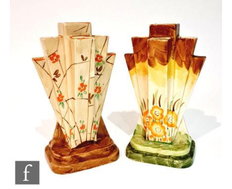 Two 1930s Art Deco Myott Pyramid (or Odeon) vases, the first decorated in pattern 8667, the second in 8669, both with hand pa