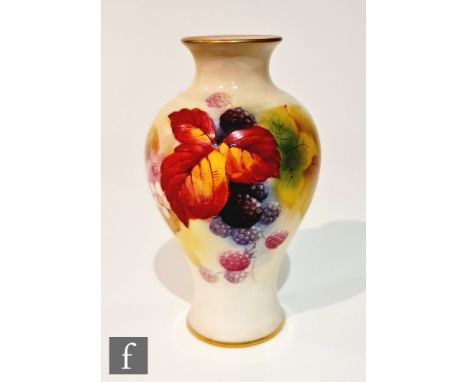 A Royal Worcester shape 2471 vase panel decorated by Kitty Blake, with hand painted autumnal leaves and berries, signed, puce