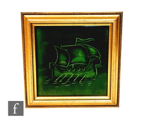 An early 20th Century framed 6in T.R Boote dust pressed tile decorated with a moulded tubelined galleon in full sail, in the 