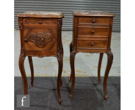 Two early 20th Century French walnut bedside cabinets, each with quarter veneered drawer fronts and side panels over acanthus