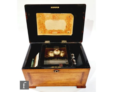 A Qualite Excelsior bells in sight musical box, serial no 6091, playing air airs, 11.3cm cylinder, with tune card, in  inlaid